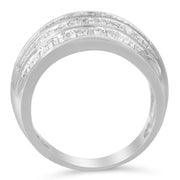 Bids.com .925 Sterling Silver 1.0 Cttw Baguette-Cut Diamond 6-Row Channel Set Domed Tapered Cocktail Fashion Ring (H-I Color, I2-I3 Clarity) - Size 6-1/2 Rings