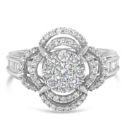 Bids.com 14K White Gold 1.0 Cttw Round & Baguette Cut Diamond Floral Cluster Quatrefoil Channel Set Band Cocktail Statement Ring (H-I Color, SI2-I1 Clarity) - Size 6-3/4 Rings