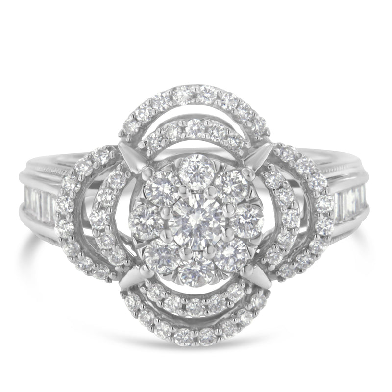 Bids.com 14K White Gold 1.0 Cttw Round & Baguette Cut Diamond Floral Cluster Quatrefoil Channel Set Band Cocktail Statement Ring (H-I Color, SI2-I1 Clarity) - Size 6-3/4 Rings