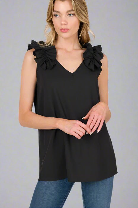 Woven Wool Dobby Ruffle Trim Sleeveless Top