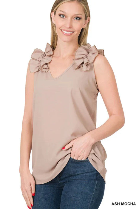 Woven Wool Dobby Ruffle Trim Sleeveless Top