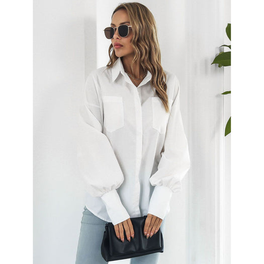 Button Up Dropped Shoulder Lantern Sleeve Shirt