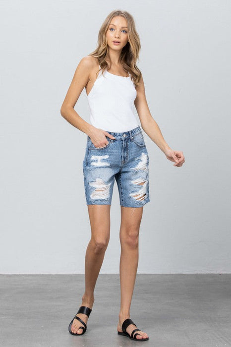 Ripped Raw Hem Bermuda Denim Shorts