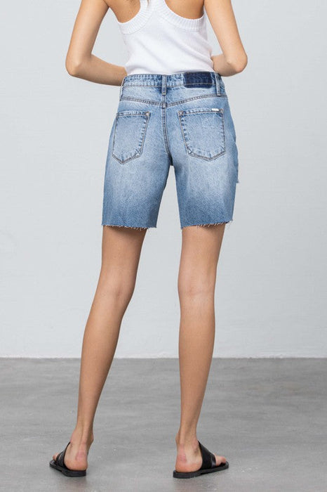 Ripped Raw Hem Bermuda Denim Shorts