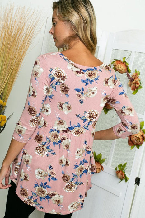 Floral Print Round Neck High Low Babydoll Top