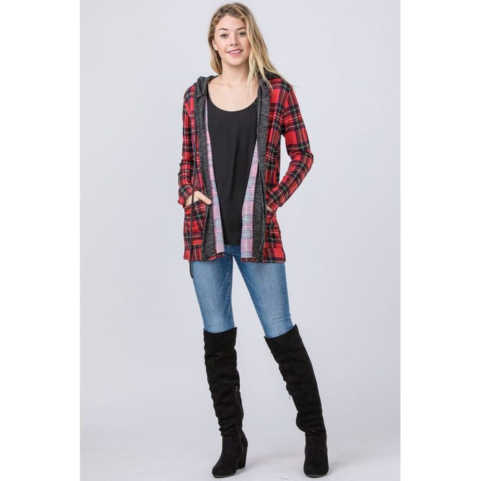 Hooded Plaid Trimmed Cardigan