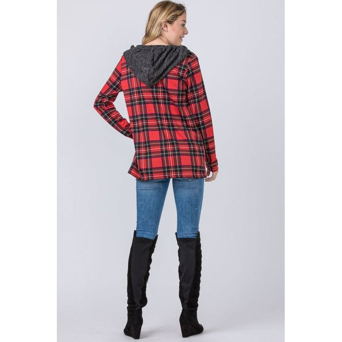 Hooded Plaid Trimmed Cardigan