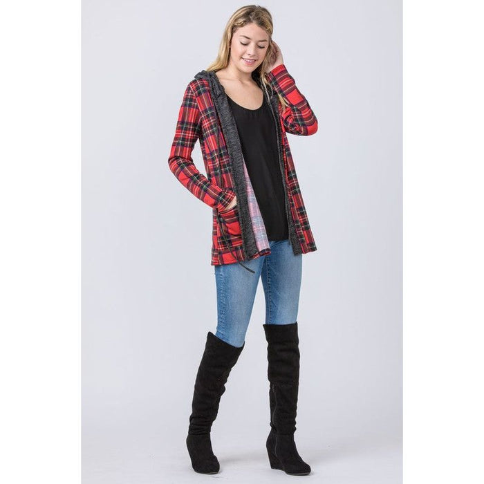 Hooded Plaid Trimmed Cardigan