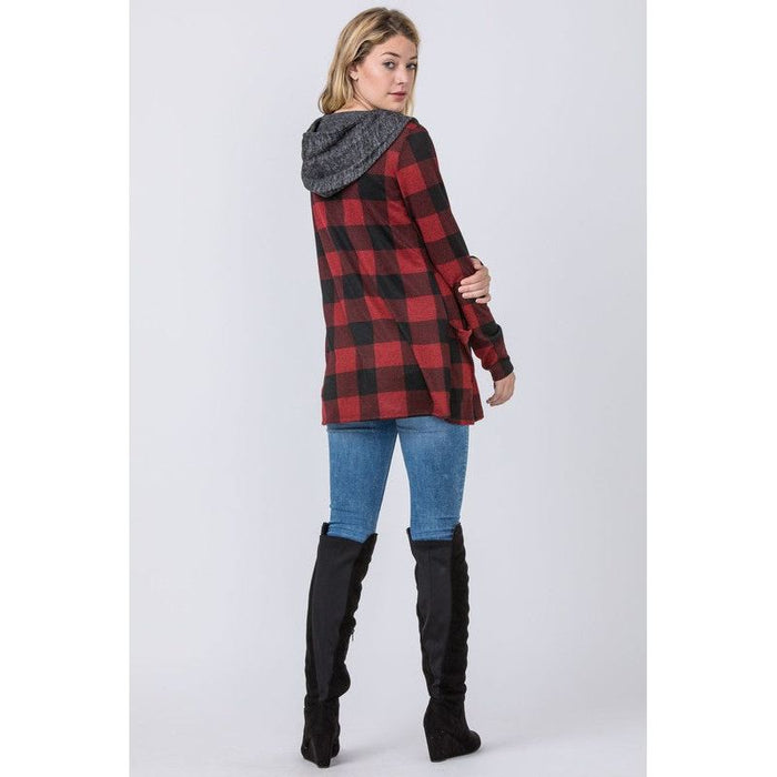 Plus Plaid Checker Print Cardigan with Hoodie