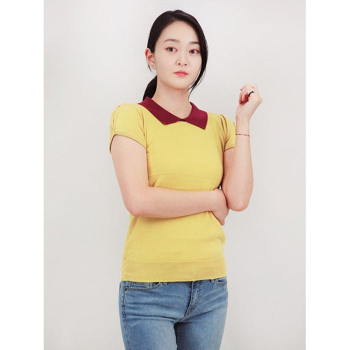 Cute Contrast Collar Pleated Cap Sleeve Knit Top