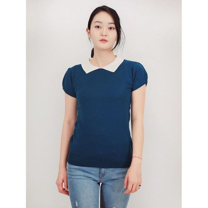 Cute Contrast Collar Pleated Cap Sleeve Knit Top