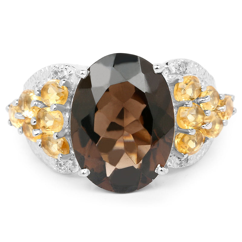 Bids.com 9.74 Carat Genuine Smoky Quartz, Citrine & White Topaz .925 Sterling Silver Ring Rings