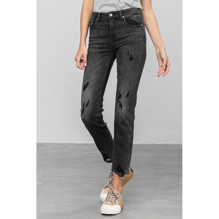 Mid Rise Distressed Straight Jeans