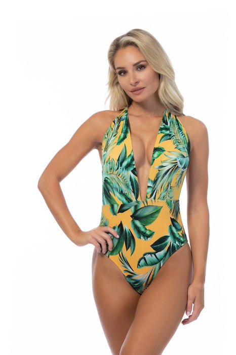 RIBBED TROPICAL V NECK ONE PIECE SWIMSUIT