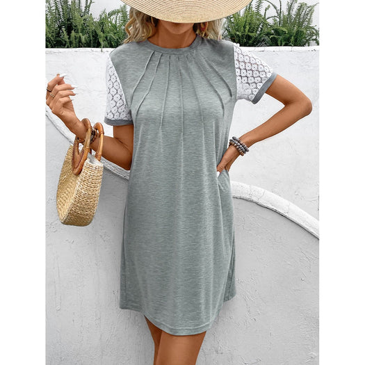 Lace Detail Round Neck Short Sleeve Mini Dress