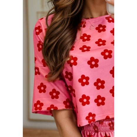 Flower Round Neck Top and Shorts Lounge Set