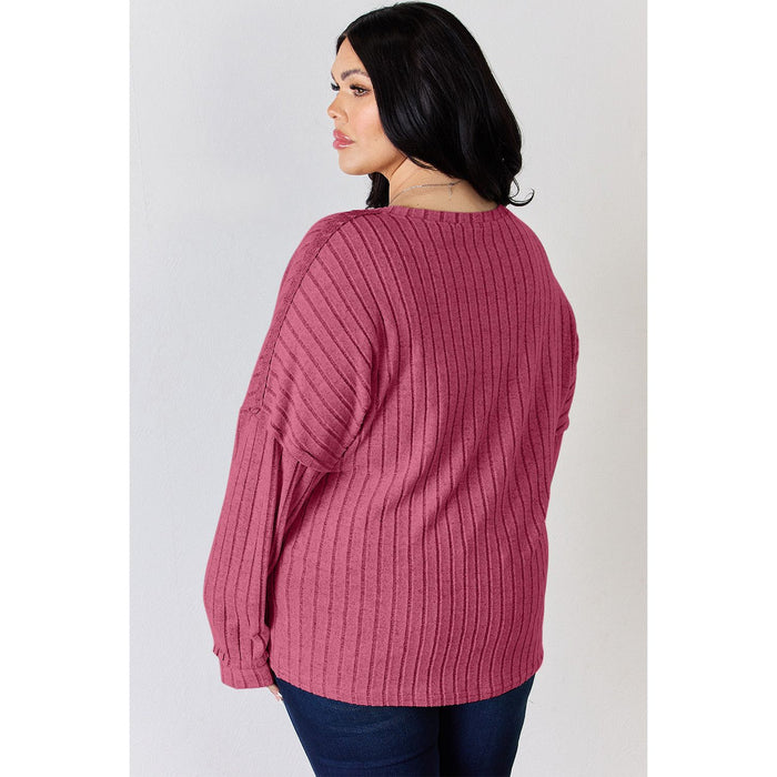 Basic Bae Ribbed Half Button Long Sleeve T-Shirt