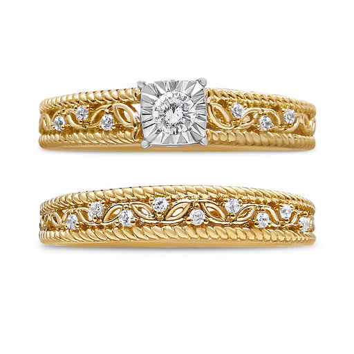 Bids.com 14K Yellow Gold Plated .925 Sterling Silver 1/5 Cttw Diamond Art Deco Style Engagement Ring Bridal Set (I-J Color, I3 Clarity) - Ring Size 7 Rings White Smoke 7 / Yellow.Sterling Silver,9 / Yellow.Sterling Silver,6 / Yellow.Sterling Silver,8 / Yellow.Sterling Silver,5 / Yellow.Sterling Silver,10 / Yellow.Sterling Silver