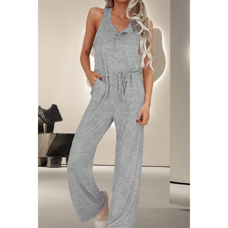 Drawstring Quarter Button Wide Strap Jumpsuit