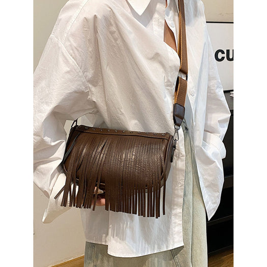 PU Leather Fringe Studded Crossbody Bag