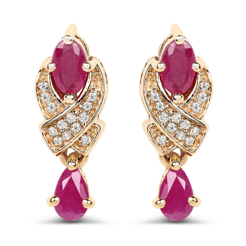 Bids.com 1.12 Carat Genuine Ruby and White Diamond 14K Yellow Gold Earrings Earrings