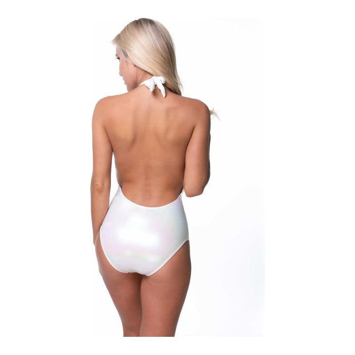 Metallic Plunge One Piece Swimsuit in White