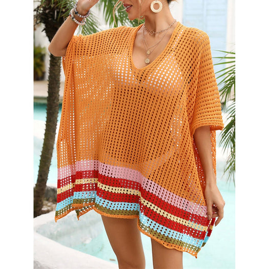 Slit Openwork V-Neck Half Sleeve Cover-Up