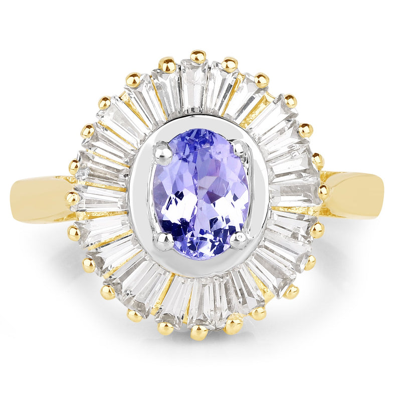 Bids.com 14K Yellow Gold Plated 2.16 Carat Genuine Tanzanite & White Topaz .925 Sterling Silver Ring Rings