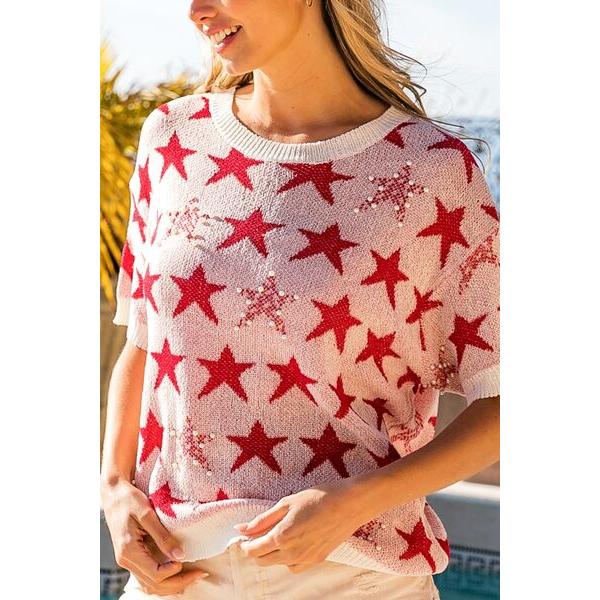 BiBi Star Pattern Round Neck Short Sleeve Knit Top