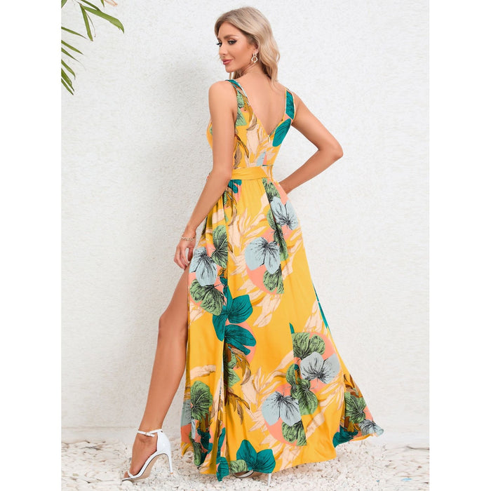 Slit Tied Printed Surplice Dress