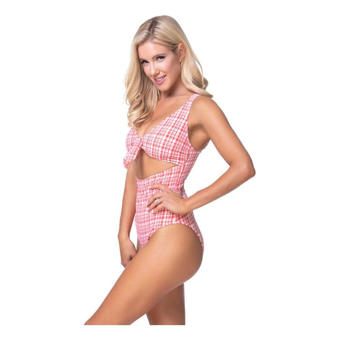 TEEXTURED PLAID CUTOUT ONE PIECE SWIMSUIT