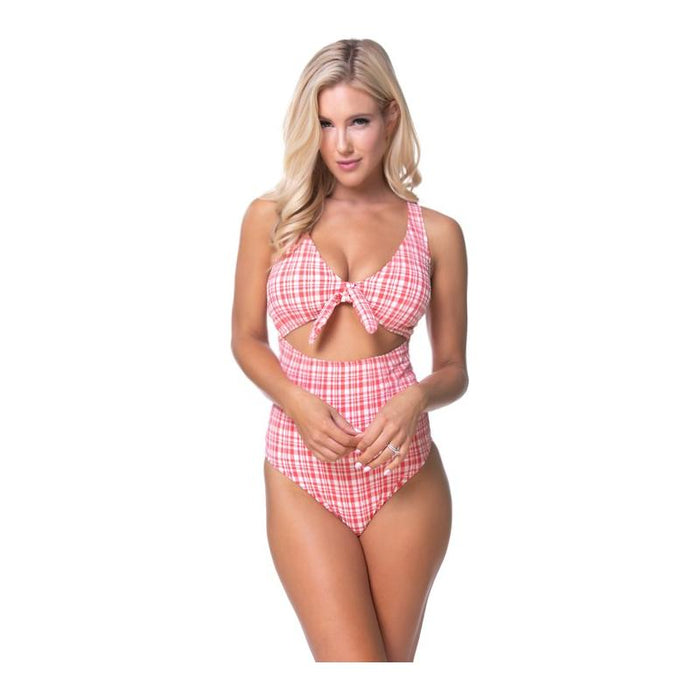 TEEXTURED PLAID CUTOUT ONE PIECE SWIMSUIT