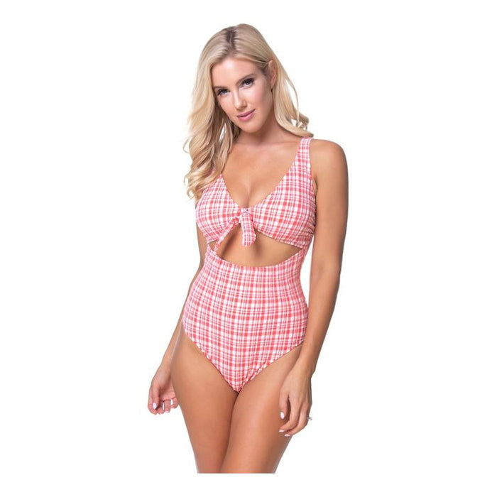 TEEXTURED PLAID CUTOUT ONE PIECE SWIMSUIT