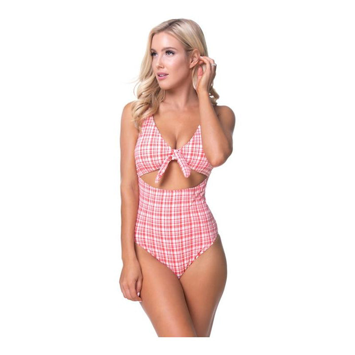 TEEXTURED PLAID CUTOUT ONE PIECE SWIMSUIT