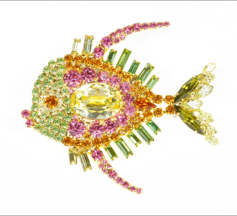 Vibrant Yellow Pink and Orange Swarovski Stone Fish Pin with Movable Tail by Albert Weiss