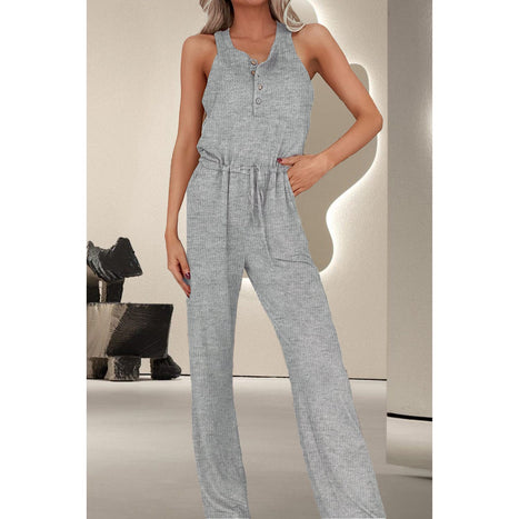 Drawstring Quarter Button Wide Strap Jumpsuit