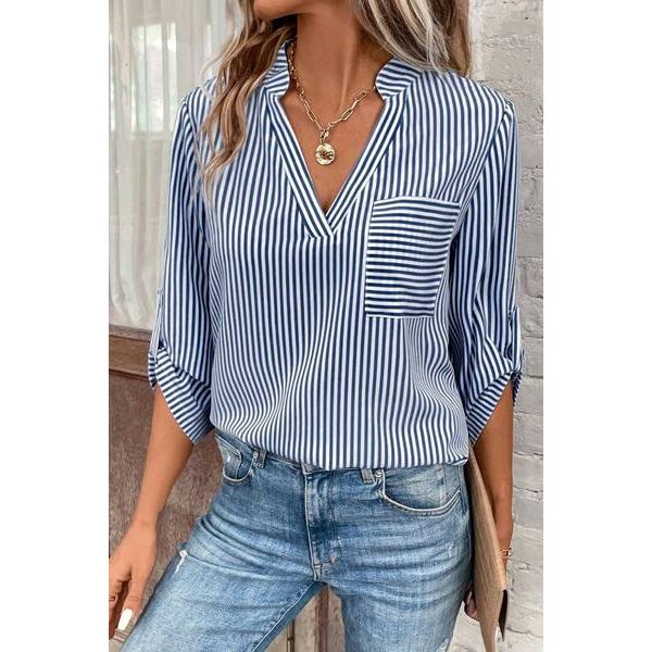 Striped Notched Roll-Tab Sleeve Shirt