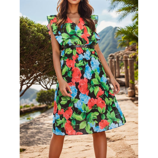 Ruffled Printed Surplice Cap Sleeve Dress