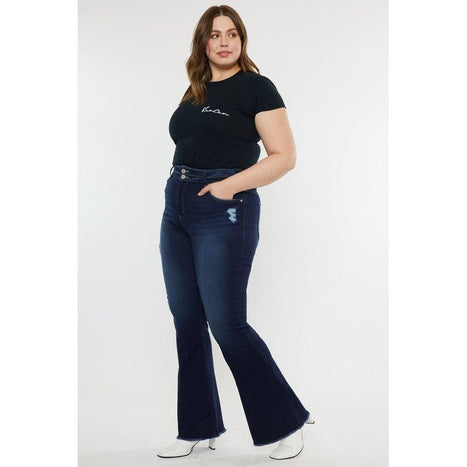 Plus High Rise Double WB Fray Hem Flare Jeans