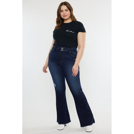 Plus High Rise Double WB Fray Hem Flare Jeans