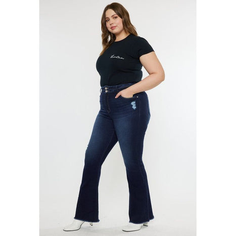 Plus High Rise Double WB Fray Hem Flare Jeans