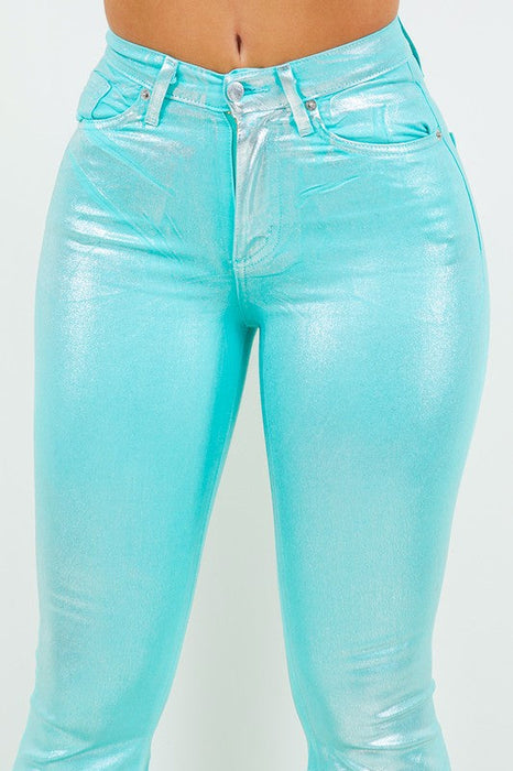 Metallic Bell Bottom Jean in Turquoise - Inseam 32