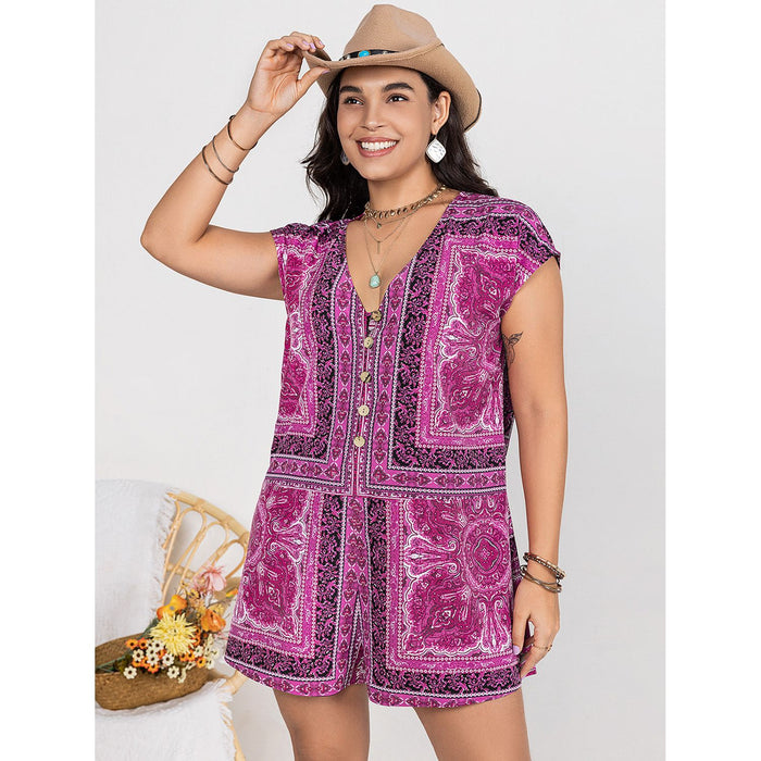 Plus Size Printed V-Neck Cap Sleeve Romper