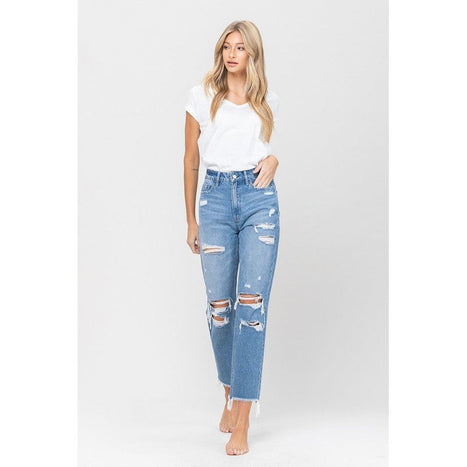 Distressed Raw Hem Mom Jeans