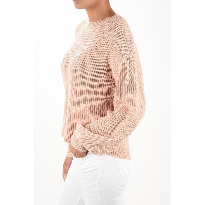 Puff Bell Sleeve Waffle Knit Pullover Sweater Top