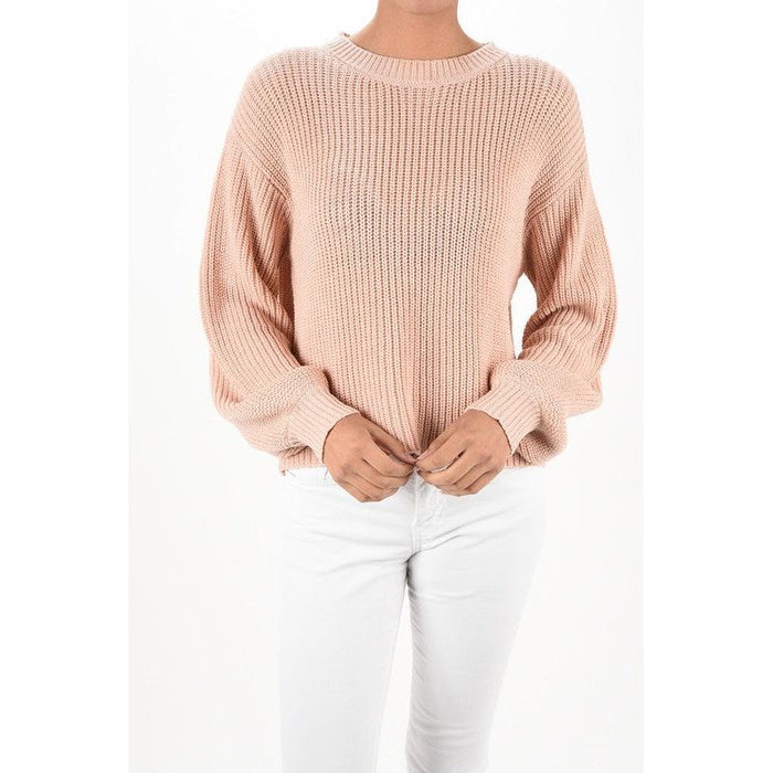 Puff Bell Sleeve Waffle Knit Pullover Sweater Top