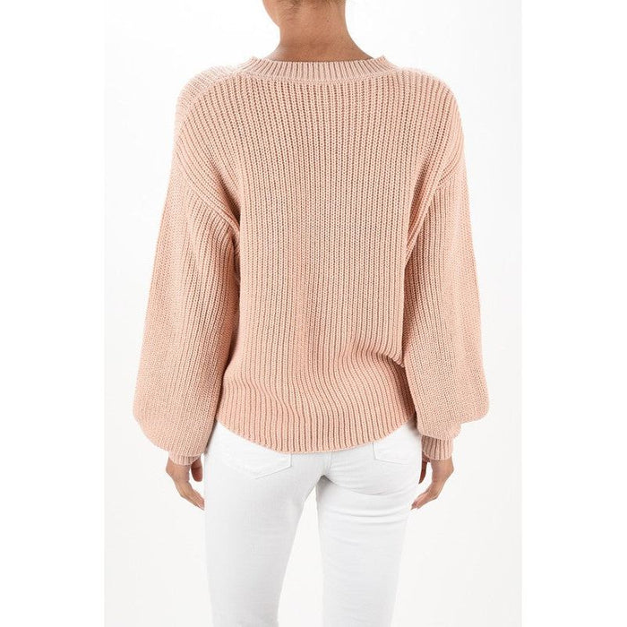 Puff Bell Sleeve Waffle Knit Pullover Sweater Top