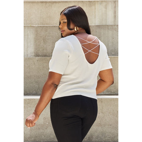 And The Why Pearly White Criss Cross Pearl Detail Open Back T-Shirt