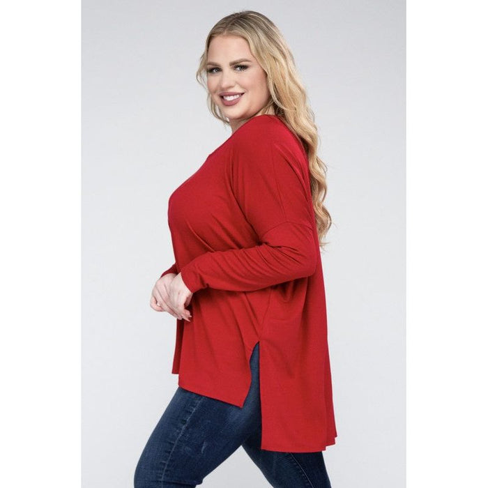 Plus Dolman Sleeve V-Neck Side Slit Hi-Low Hem Top