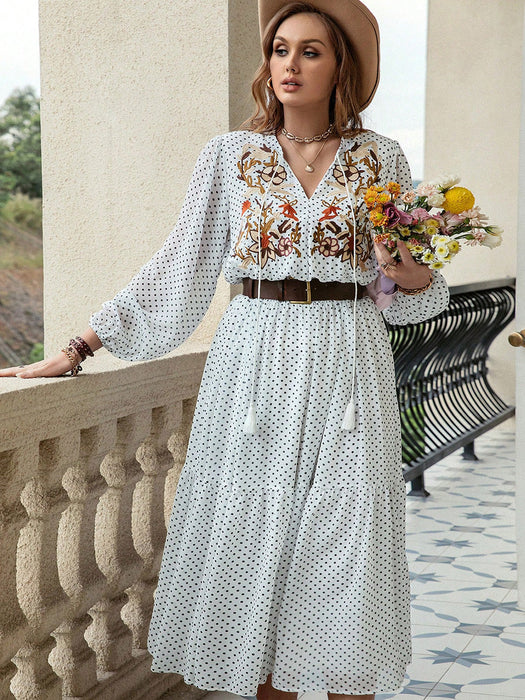 Printed Tie Neck Long Sleeve Midi Dress